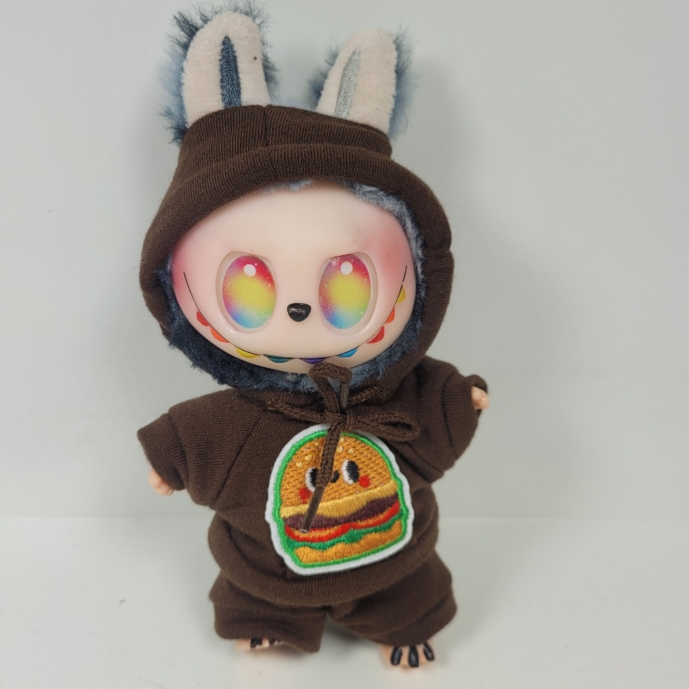 Labubu Brown Hoodie With Burger Embrideted Patch & Pants No Doll
